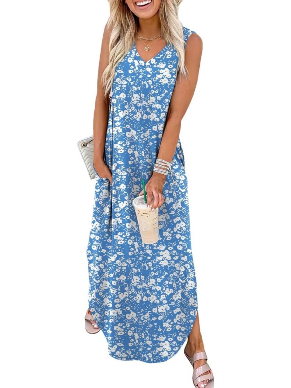 Women's Floral Blue White Summer Maxi Dress Beach Vacation Sundress with Pocket